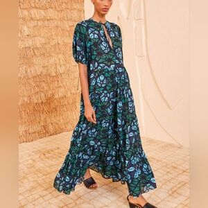 Ulla Johnson Green and Blue Tiered Midi Dress with Puff Sleeves-NEW w/o tags